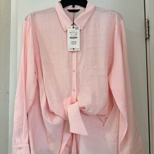 Zara Pale Pink Tie-Front Button-Up Blouse